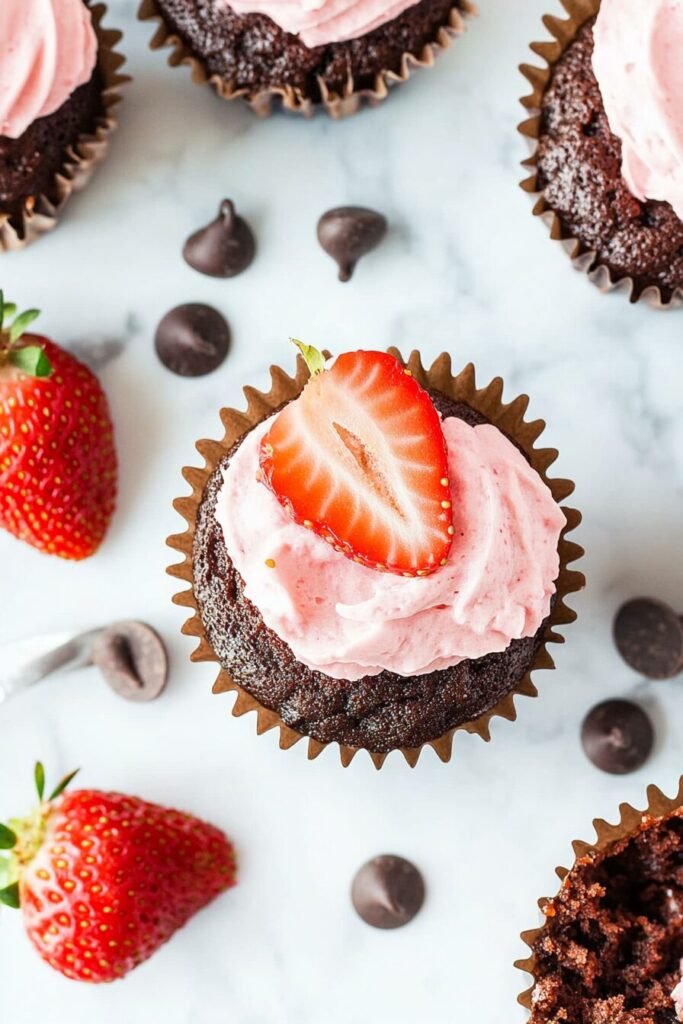 Baking Chocolate Mousse Cupcakes with Whipped Strawberry Cream Cheese Frosting