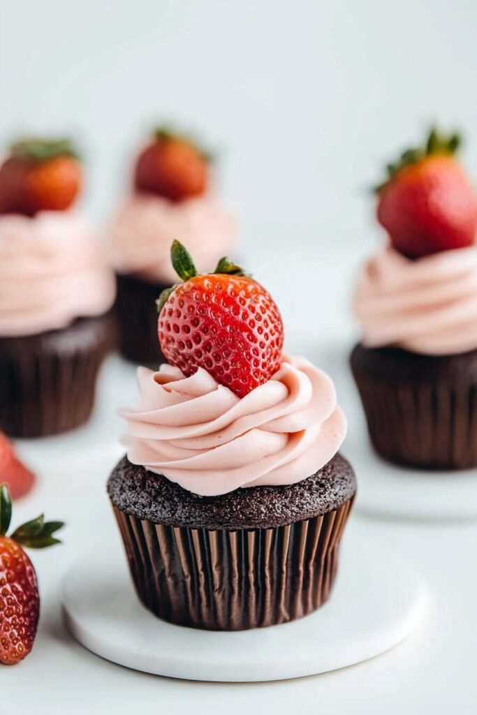 Chocolate Mousse Cupcakes with Whipped Strawberry Cream Cheese Frosting