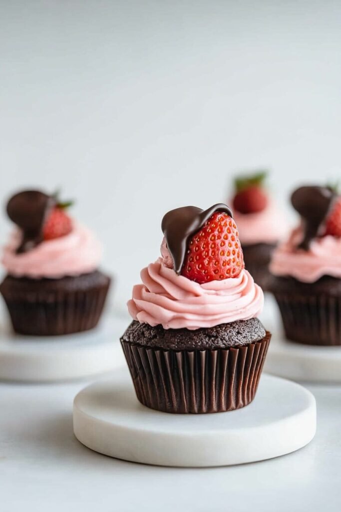 Serving Chocolate Mousse Cupcakes with Whipped Strawberry Cream Cheese Frosting